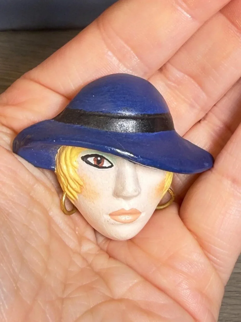 Vintage Handmade Lady Face Brooch Blue Hat Painted Art Brooch